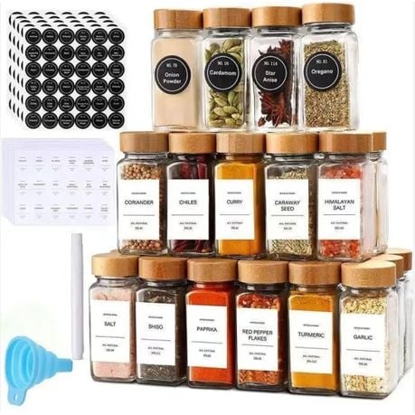 Square Spice Container Set - 24 Refillable Seasoning Jars with Caps