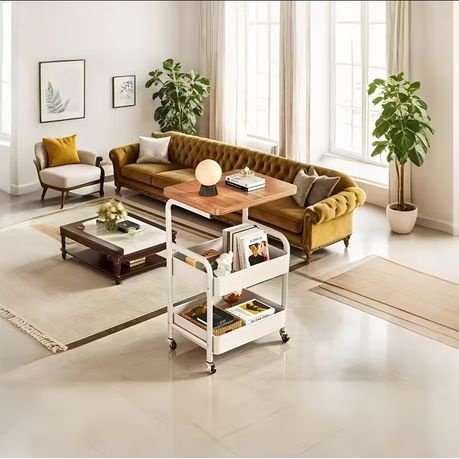 Nordic Moveable Double-Layer Side-Table Storage Trolley - White, Brown