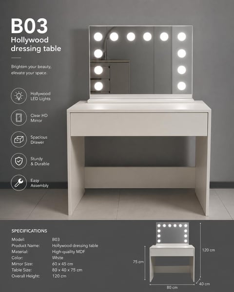 B03 Dressing Table with Mirror, LED Bulbs – Elegant Beauty Desk