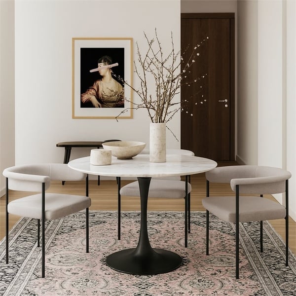 Round Faux Marble Dining Table with Matte Black Base