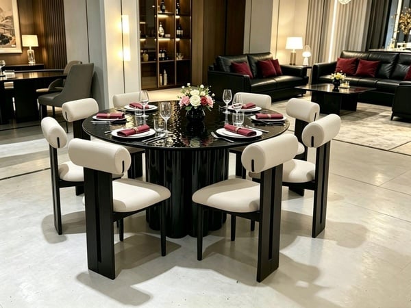 Modern Luxe 8-6 Seater Dining Set – Black Gloss Finish with Cream Upholstered Chairs picture