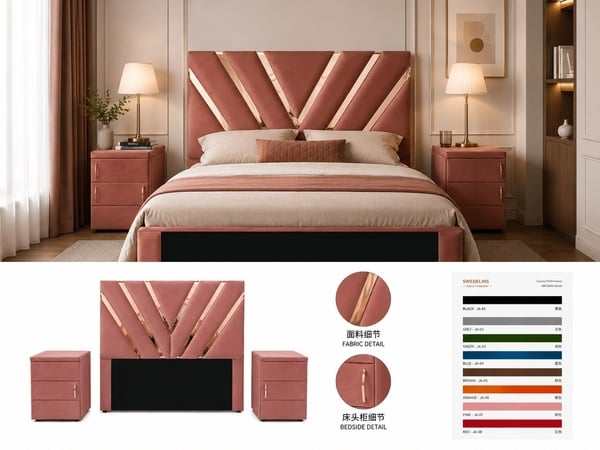 PS Line Swedelins  Design Headboard Set with 2 Bedside Tables made in velvet fabric material