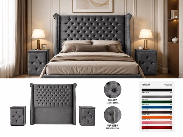 PSA Chesterfield Headboard Set with 2 Bed Side Tables
