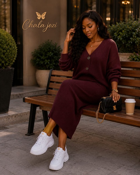 V-Neck Cardigan & Ribbed Maxi Skirt Two-Piece Knit Set