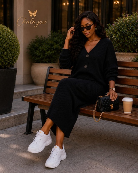 V-Neck Cardigan & Ribbed Maxi Skirt Two-Piece Knit Set