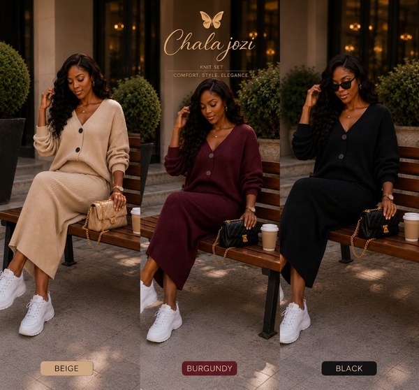 V-Neck Cardigan & Ribbed Maxi Skirt Two-Piece Knit Set