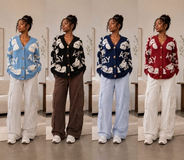 Oversized Graphic Knit Cardigan – Slouchy Aesthetic Button-Up Sweater