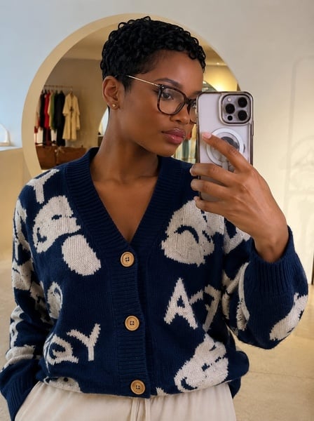 Oversized Graphic Knit Cardigan – Slouchy Aesthetic Button-Up Sweater