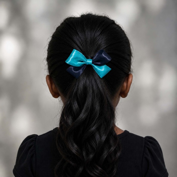 Turquoise & Navy Satin Hair Bow Ponytail Elastic picture