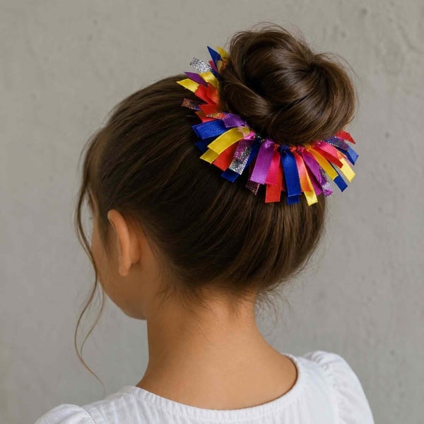 Girl viewed from behind with colorful rainbow ribbon scrunchie around a hair bun in a bright fun hairstyle ribbon look.