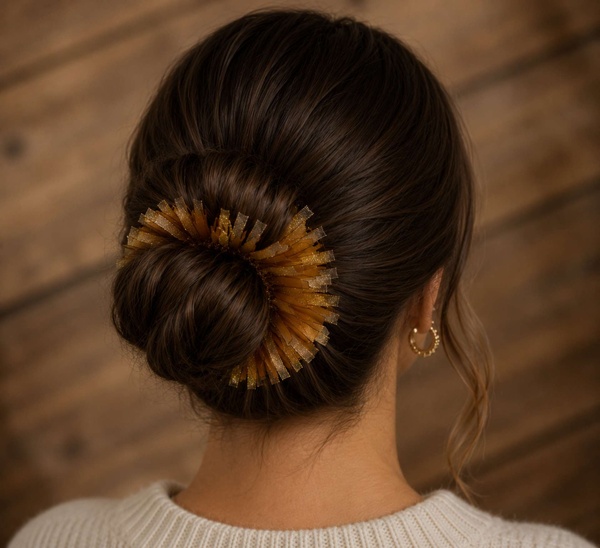 Woman with dark brown hair bun wearing a golden sparkle scrunchie accessory viewed from behind with elegant styling.
