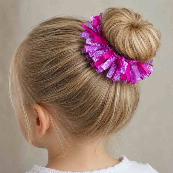 Girls Bright Pink Glitter Ribbon Bun Scrunchie Hair Accessory picture