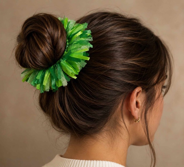 Lime Glitter Green Ribbon Bun Scrunchie Hair Accessory picture