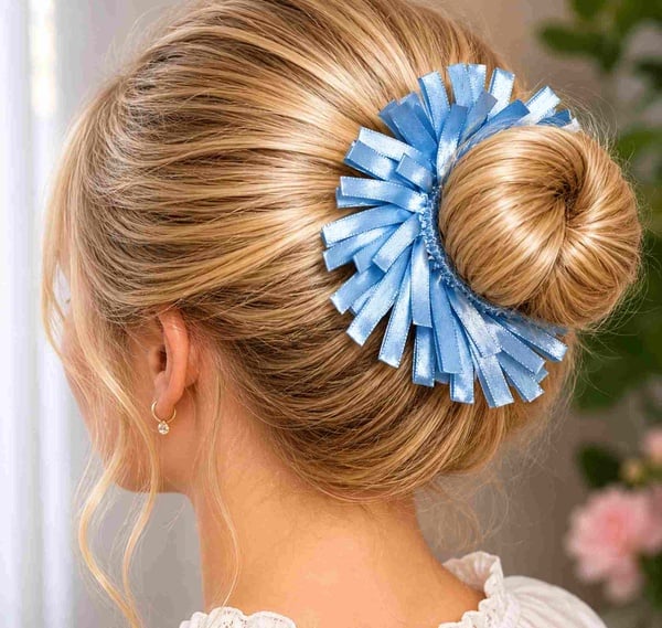 Light Blue Satin Ribbon Bun Scrunchie Hair Accessory picture