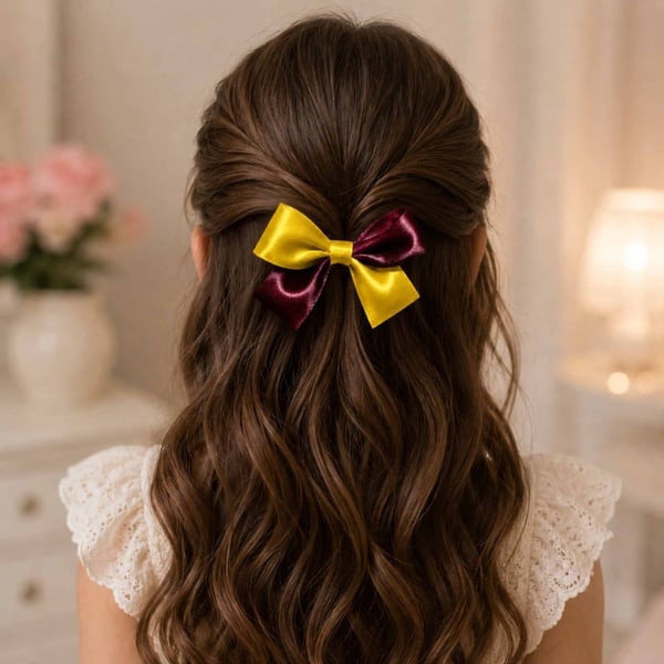 Maroon & Yellow Satin Girls Hair Bow Ponytail Holder picture