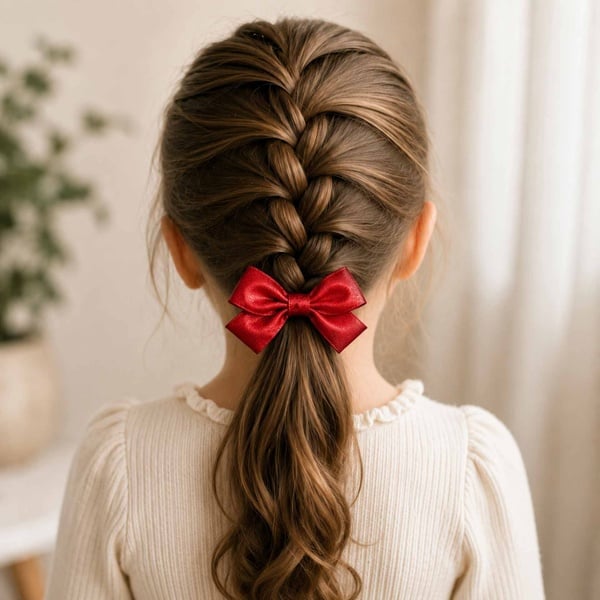 Back view of a girl with a French braid ponytail secured with a small red satin hair bow, creating a neat and elegant hairstyle.