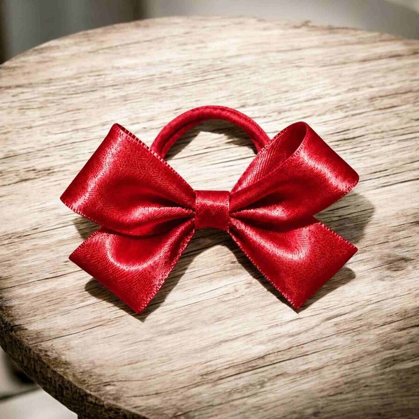 Red satin hair bow with a matching red elastic band, displayed on a rustic wooden tabletop. Glossy ribbon loops reflect light beautifully.
