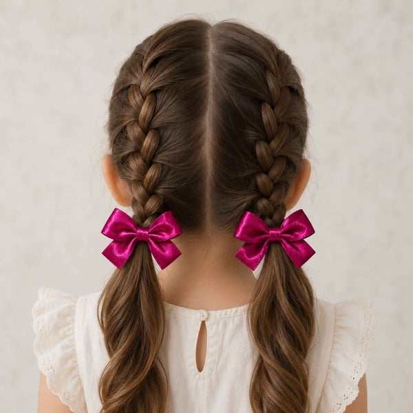 Bright fuchsia Satin Double Braid Ponytail Hair Bow for Girls picture