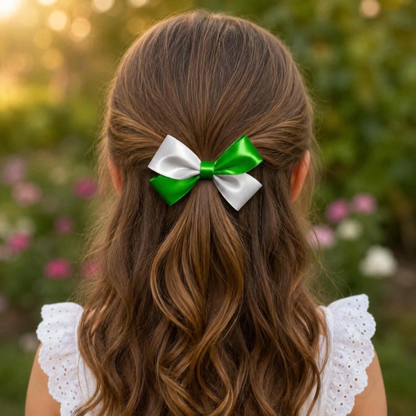 Green & White Satin Hair Bow Ponytail Holder for Girls – Classic School & Everyday Hair Accessory picture