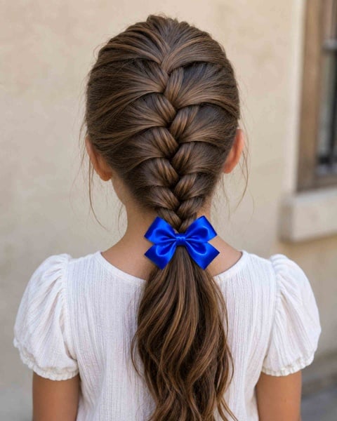 Girl viewed from behind with a French braid ponytail secured by a royal blue satin bow hair tie, elegant and stylish look.
