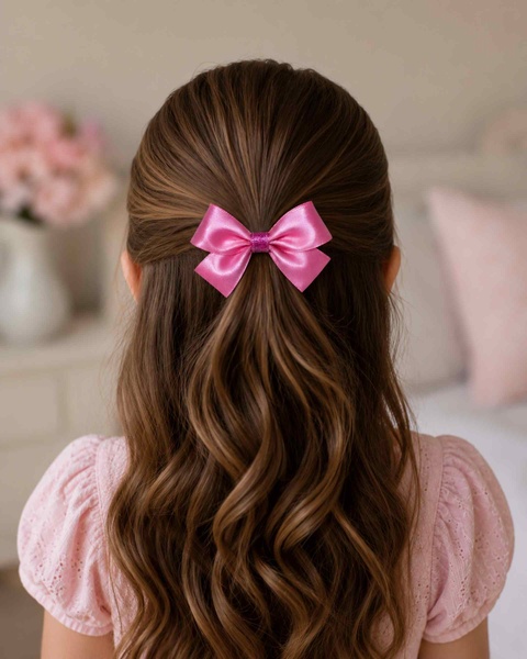 Pink Satin Hair Bow Ponytail Holder for Girls picture