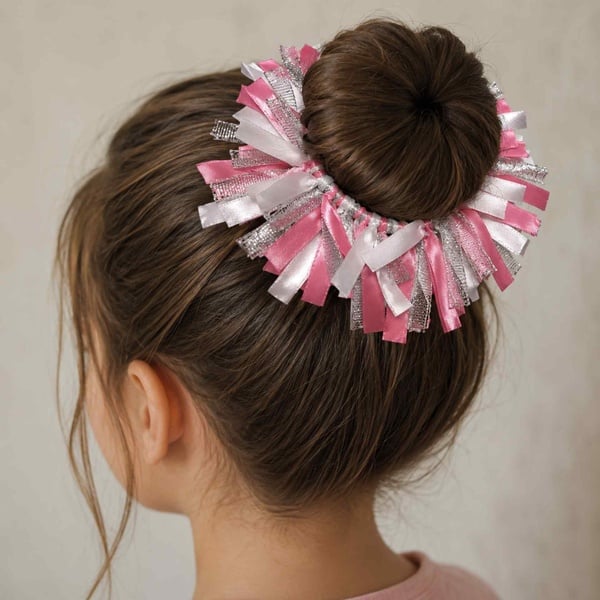 Girl viewed from behind with brunette hair bun wearing a pink, white and silver handmade ribbon bun holder hair accessory.