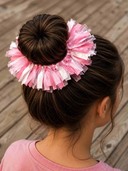 Brunette hair bun viewed from behind featuring a pink and white ribbon scrunchie bun holder accessory for a stylish look.