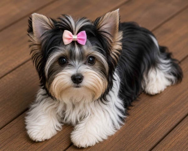 Cute Yorkshire Terrier puppy lying on a wooden deck, wearing a pink bow, with fluffy black, white and tan fur and bright eyes.