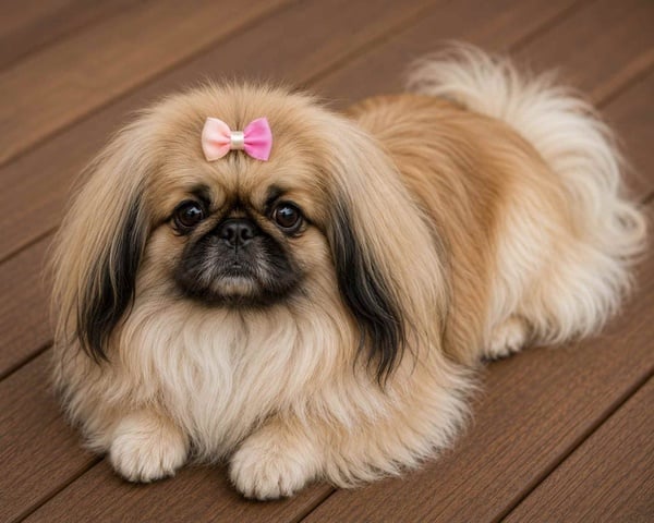 Small fluffy dog with a pink grooming bow resting on a wooden deck, featuring a cream coat, dark face markings and expressive eyes.