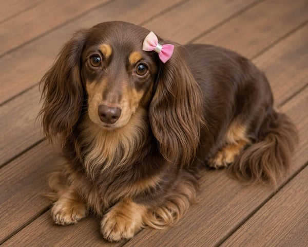 Long-haired chocolate and tan Dachshund resting on a wooden deck, wearing a pink and white bow by its ear, looking at camera.