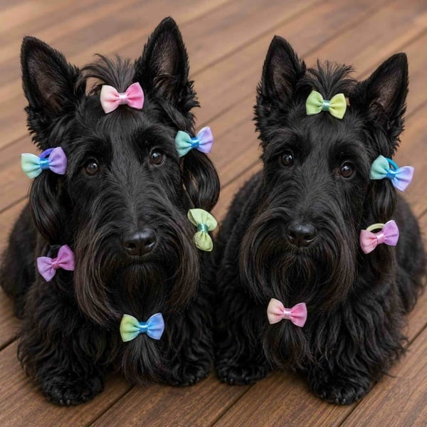 Black Scottish Terrier dogs wearing pastel pink, mint green, blue and lavender grooming bows on ears, topknots and beards, sitting on wood deck.