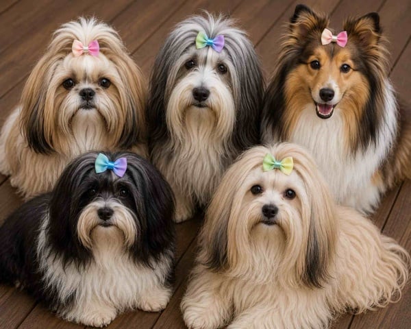 Five fluffy dogs sit on a wooden deck wearing colorful pastel bows, showcasing stylish grooming accessories and cute expressions.
