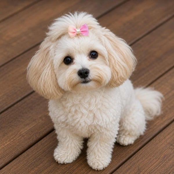 Small fluffy white dog sitting on a wooden deck, wearing a pink and peach grooming bow with a gold center, looking at the camera.