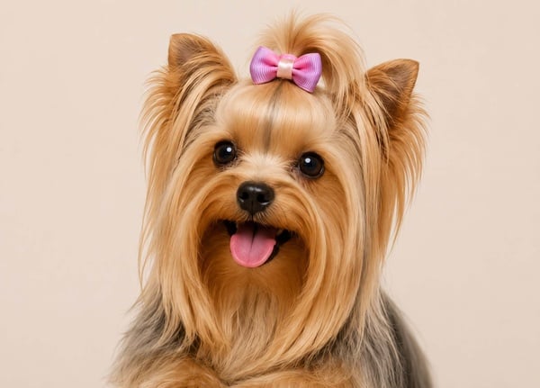 Yorkshire Terrier wearing a pink doggy bow with a satin centre, styled in a topknot against a neutral beige background.