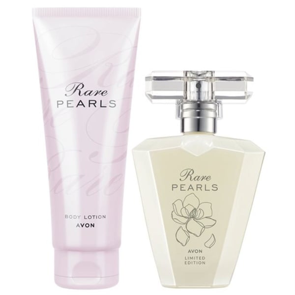 Avon Rare Pearls perfume bottle and matching body lotion gift set featuring a soft floral fragrance in elegant pastel packaging.