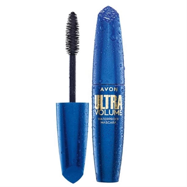 Avon Ultra Volume Waterproof Mascara in blue packaging with applicator wand displayed beside tube, highlighting volume and wear.