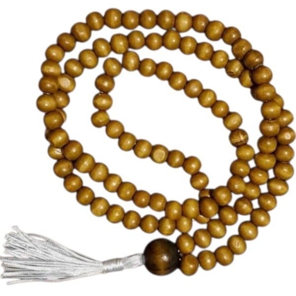 Light brown wooden prayer beads with a larger dark wood bead and white tassel, arranged in loops on a clean white background.