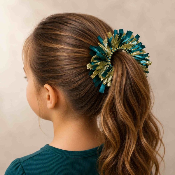 Emerald & Gold Ribbon Ponytail Scrunchie for Girls picture