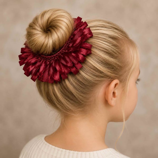 Maroon Ribbon Bun Scrunchie Hair Accessory for Girls picture