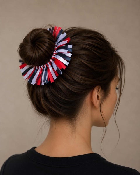 Brunette girl viewed from back right wearing a handmade red, white and black ribbon bun scrunchie on a neat hair bun.