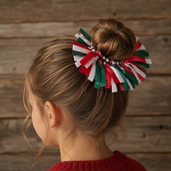 Red Green White Ribbon Hair Bun Scrunchie picture