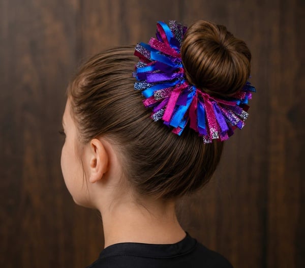 Girl viewed from back left wearing a pink, purple and blue sparkle ribbon bun scrunchie with shimmering accents in a neat hair bun.