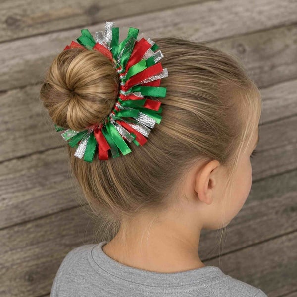 Festive Red Green & Silver Ribbon Hair Bun Scrunchie picture