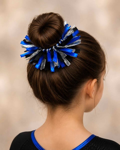 Royal Blue, Black & Silver Pom Pom Hair Bun Scrunchie picture