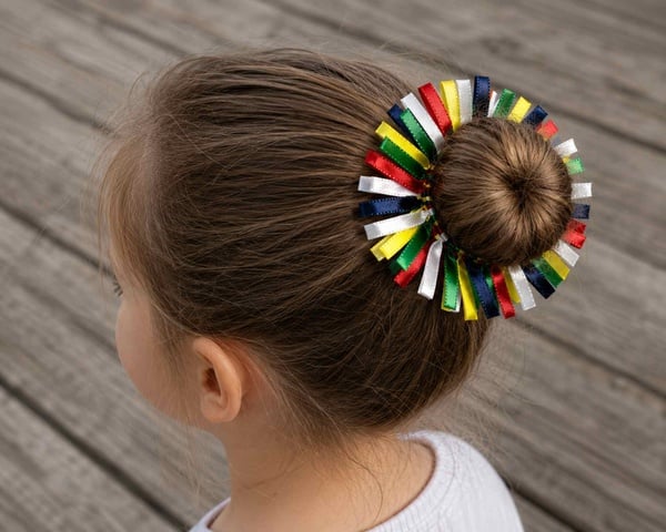 Girl viewed from behind wearing a South African flag ribbon bun scrunchie with colorful satin loops on a driftwood deck.