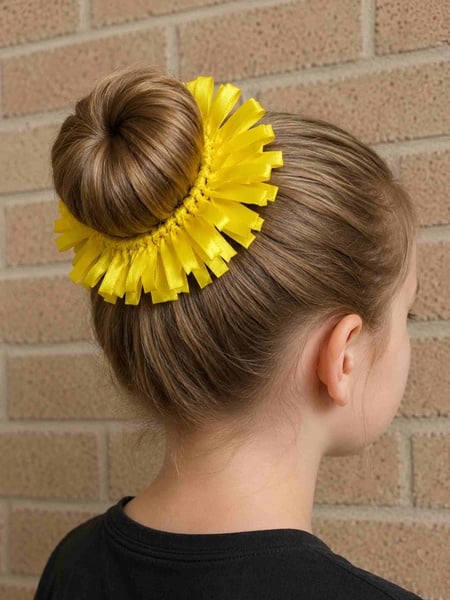 Girl viewed from behind right wearing a bright yellow ribbon cheer scrunchie around a neat hair bun against a light brick background.