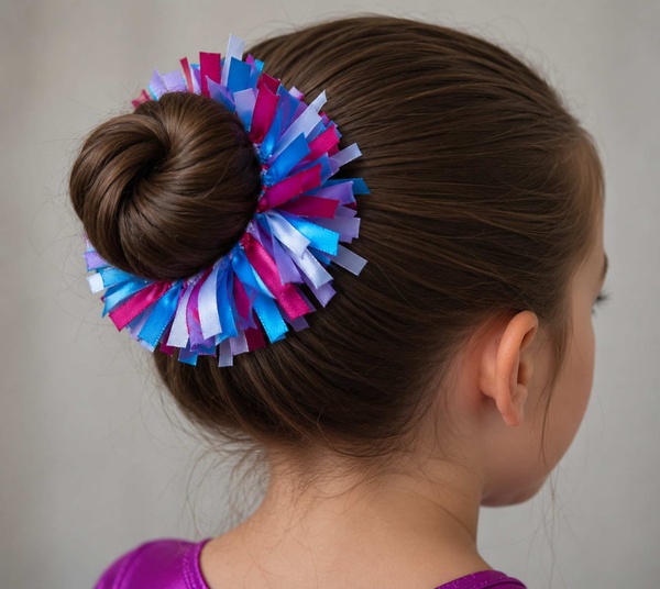 Girl viewed from behind right wearing a blue, pink and lavender ribbon pom pom hair tie around a neat bun hairstyle accessory.