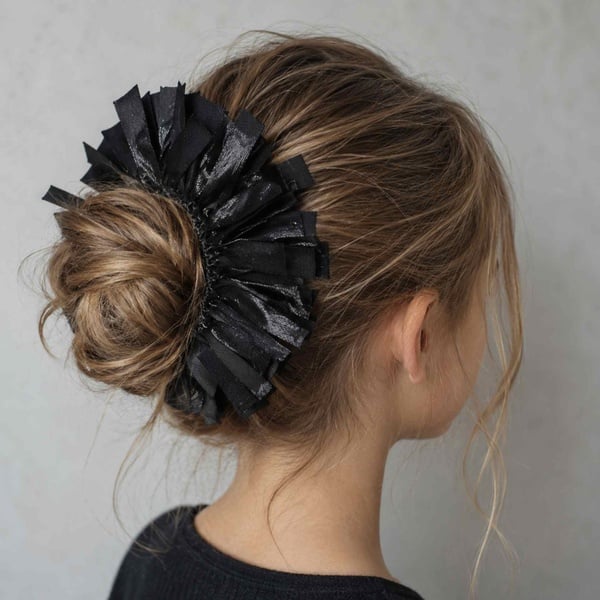 Black Ruffle Hair Scrunchie for Messy Bun Hairstyles picture