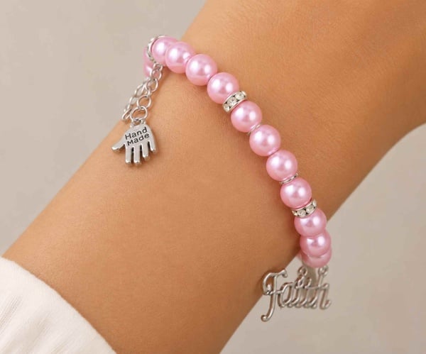 Handmade Pink Glass Bead Faith Charm Bracelet | Christian Gift for Women picture