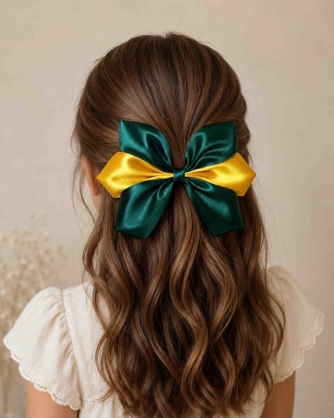 Green & Yellow Satin Hair Bow for Girls | Handmade School, Sports & Everyday Hair Accessory picture